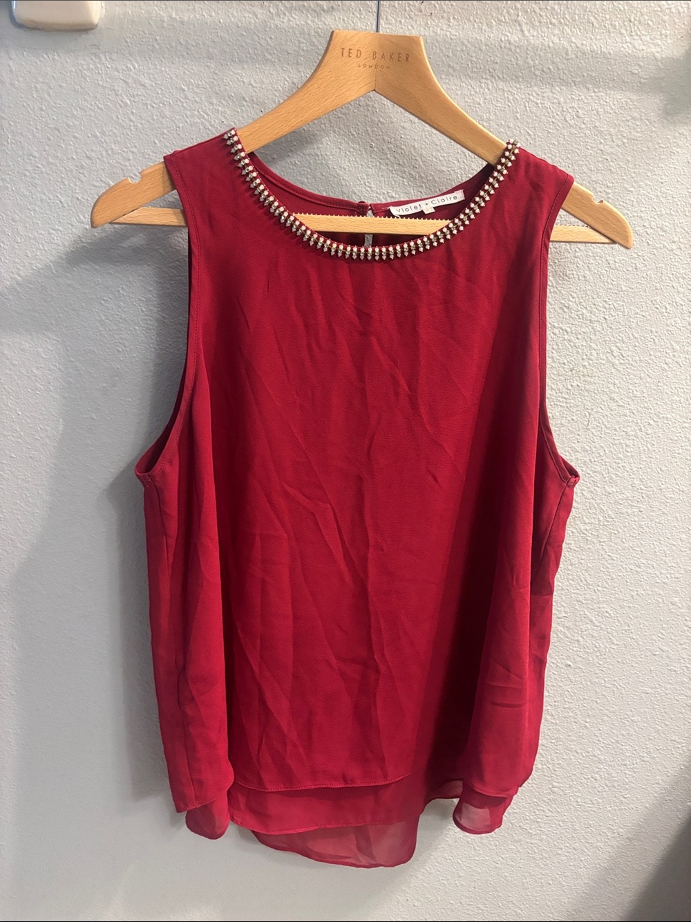 Violet & Claire Red Sleeveless Beaded Neckline Chiffon Camisole